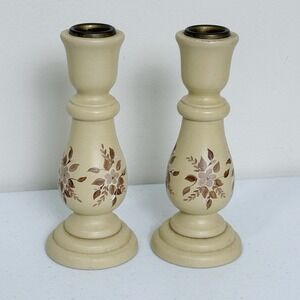 Vintage Hand Painted Wooden Candlestick Holders Set Floral Farmhouse Decor